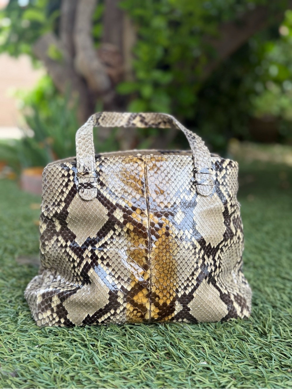 Judith Leiber Python-Print Tote in Beige, Brown and Gold